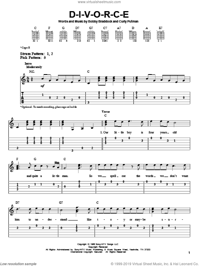 D-I-V-O-R-C-E sheet music for guitar solo (easy tablature) by Tammy Wynette, Bobby Braddock and Curly Putman, easy guitar (easy tablature)