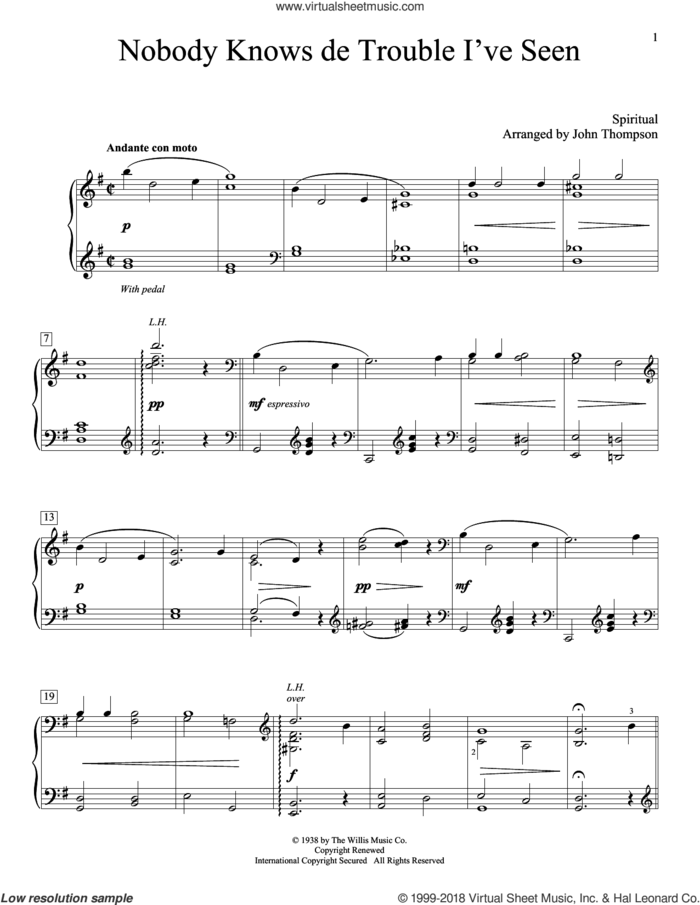 Nobody Knows De Trouble I've Seen sheet music for piano solo (elementary) by John Thompson and Plantation Spiritual, beginner piano (elementary)