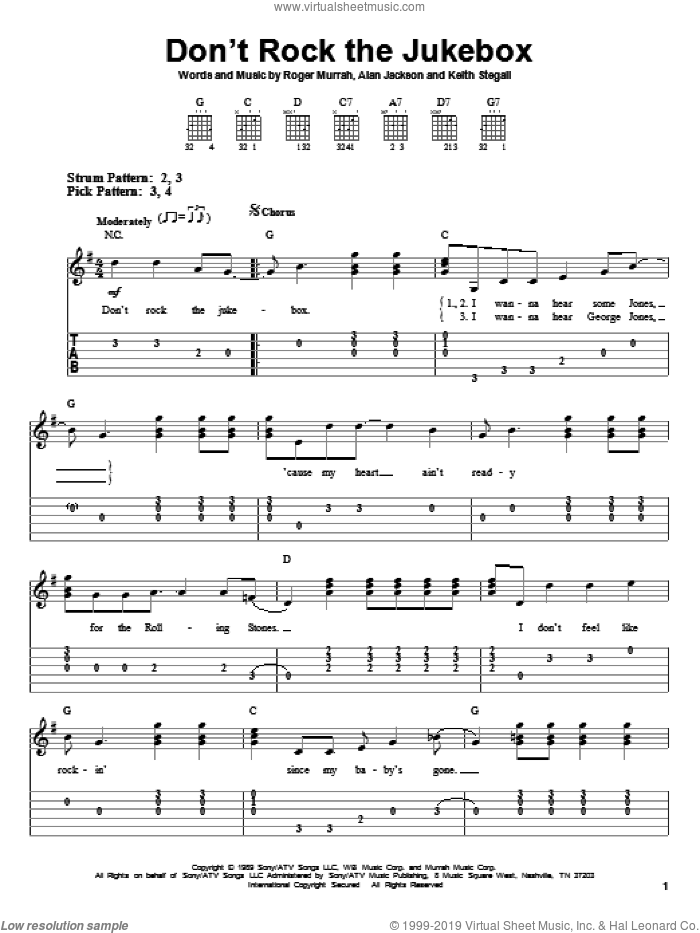 Don't Rock The Jukebox sheet music for guitar solo (easy tablature) by Alan Jackson, Keith Stegall and Roger Murrah, easy guitar (easy tablature)