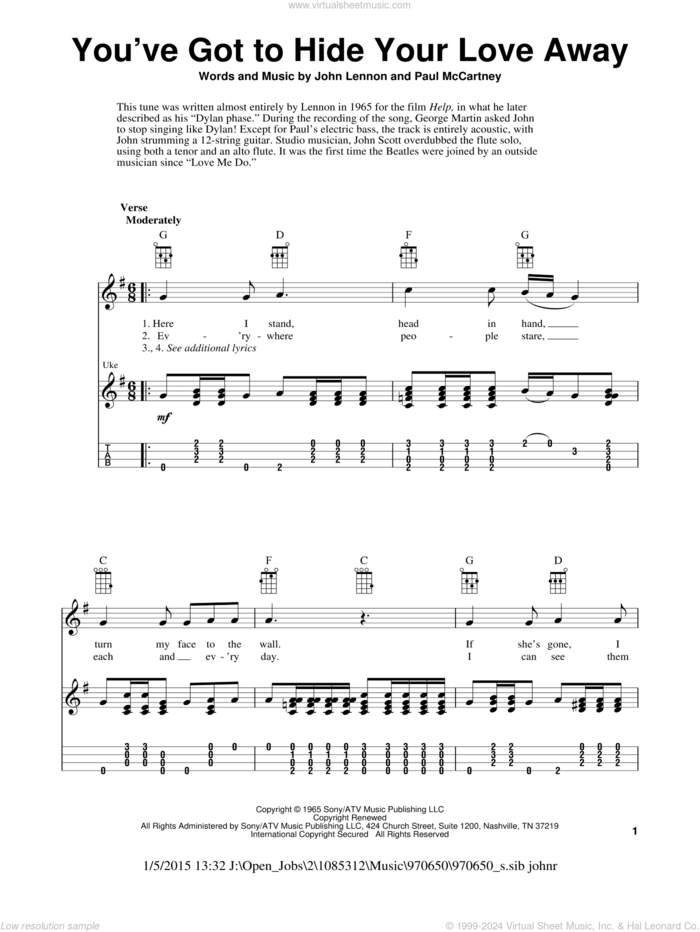 You've Got To Hide Your Love Away sheet music for ukulele (easy tablature) (ukulele easy tab) by The Beatles, Eddie Vedder, Fred Sokolow, John Lennon and Paul McCartney, intermediate skill level