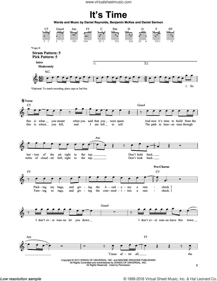 It's Time sheet music for guitar solo (chords) by Imagine Dragons, Benjamin McKee, Daniel Reynolds and Daniel Sermon, easy guitar (chords)