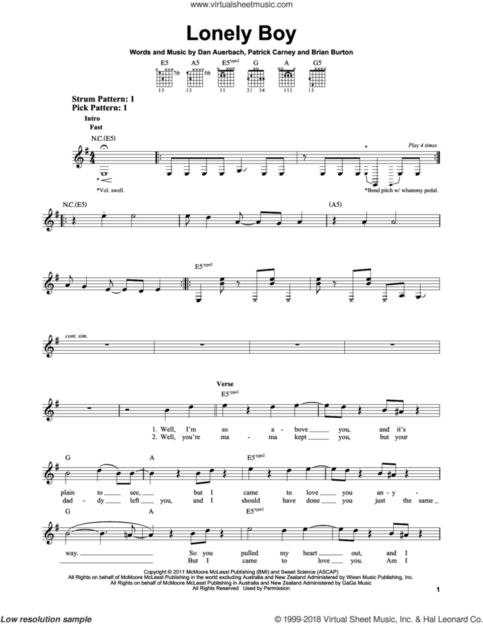 Lonely Boy sheet music for guitar solo (chords) by The Black Keys, Brian Burton, Daniel Auerbach and Patrick Carney, easy guitar (chords)