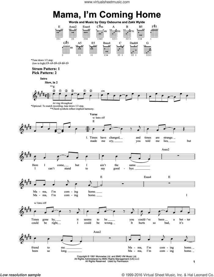 Mama, I'm Coming Home sheet music for guitar solo (chords) by Ozzy Osbourne and Zakk Wylde, easy guitar (chords)