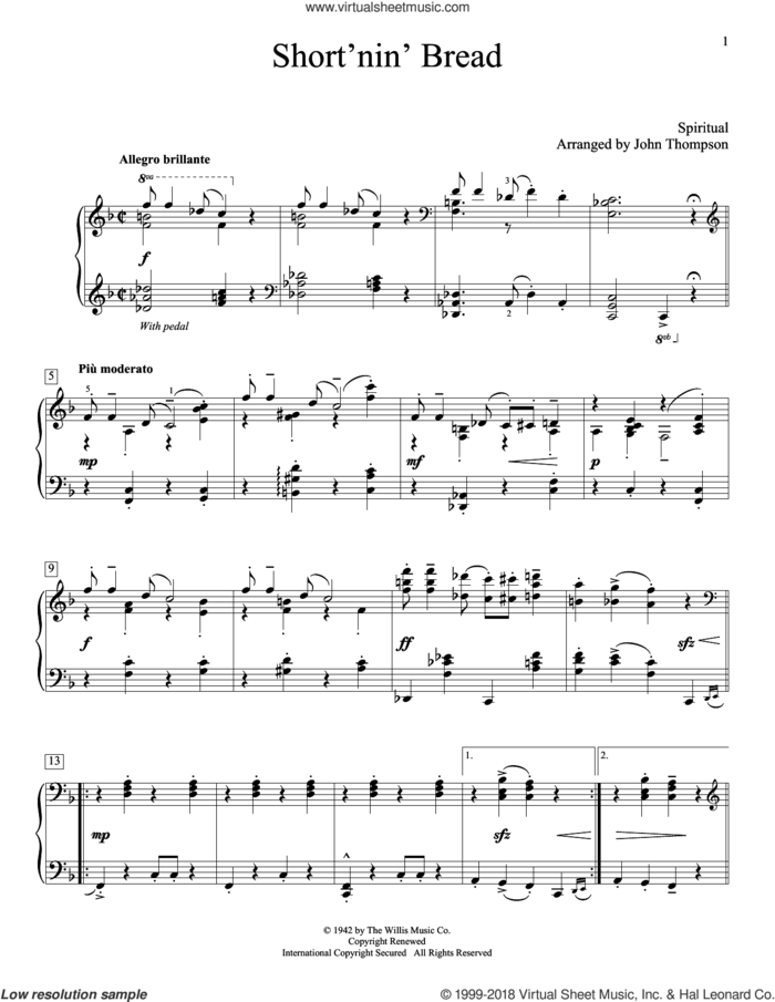 Short'nin' Bread sheet music for piano solo (elementary) by John Thompson, beginner piano (elementary)