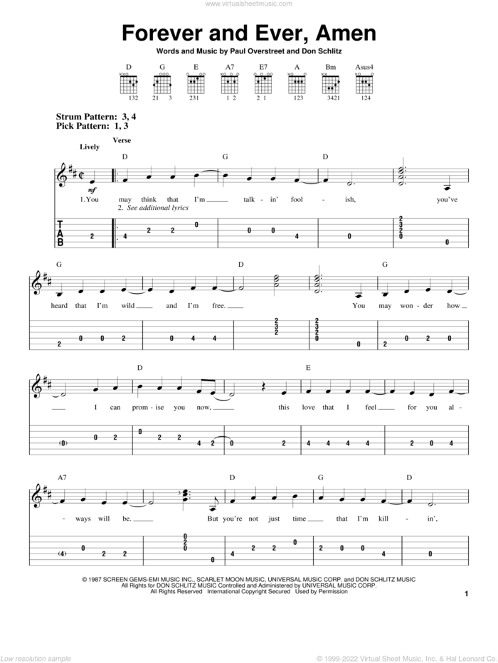 Forever And Ever, Amen sheet music for guitar solo (easy tablature) by Randy Travis, Don Schlitz and Paul Overstreet, wedding score, easy guitar (easy tablature)