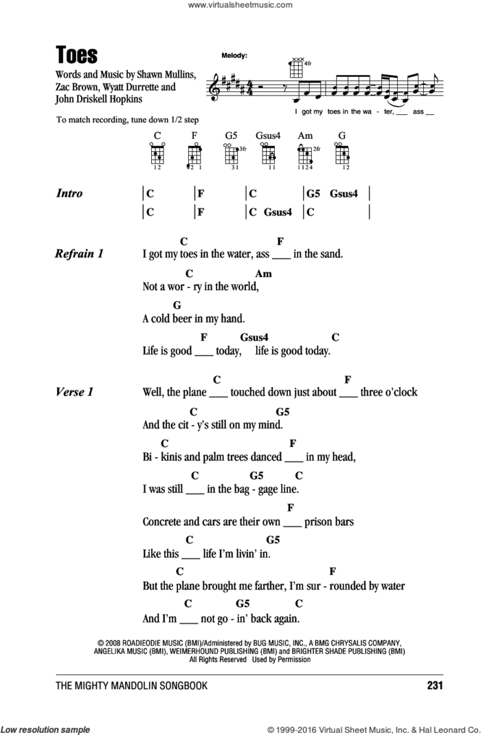 Toes sheet music for mandolin (chords only) by Zac Brown Band, Miscellaneous, John Driskell Hopkins, Shawn Mullins, Wyatt Durrette and Zac Brown, intermediate skill level