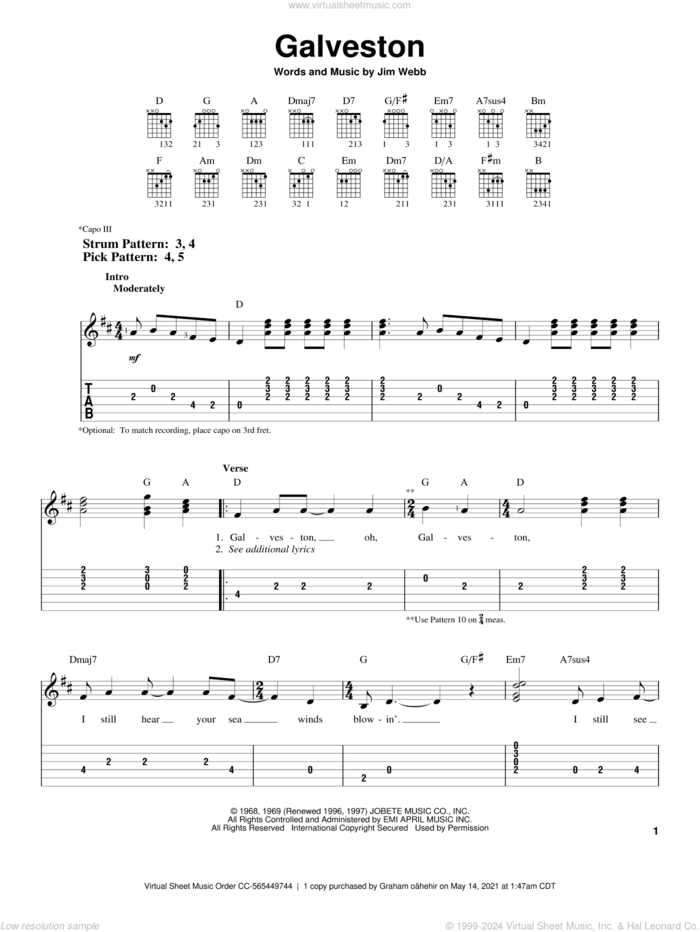 Galveston sheet music for guitar solo (easy tablature) by Glen Campbell and Jim Webb, easy guitar (easy tablature)