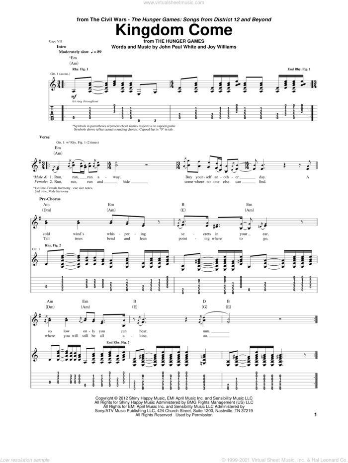 Kingdom Come sheet music for guitar (tablature) by The Civil Wars, John Paul White and Joy Williams, intermediate skill level