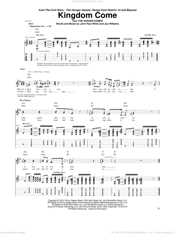 Kingdom Come sheet music for guitar (tablature) by The Civil Wars, John Paul White and Joy Williams, intermediate skill level