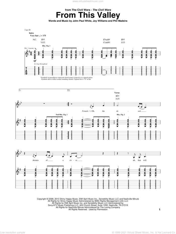 From This Valley sheet music for guitar (tablature) by The Civil Wars, John Paul White, Joy Williams and Phil Madeira, intermediate skill level