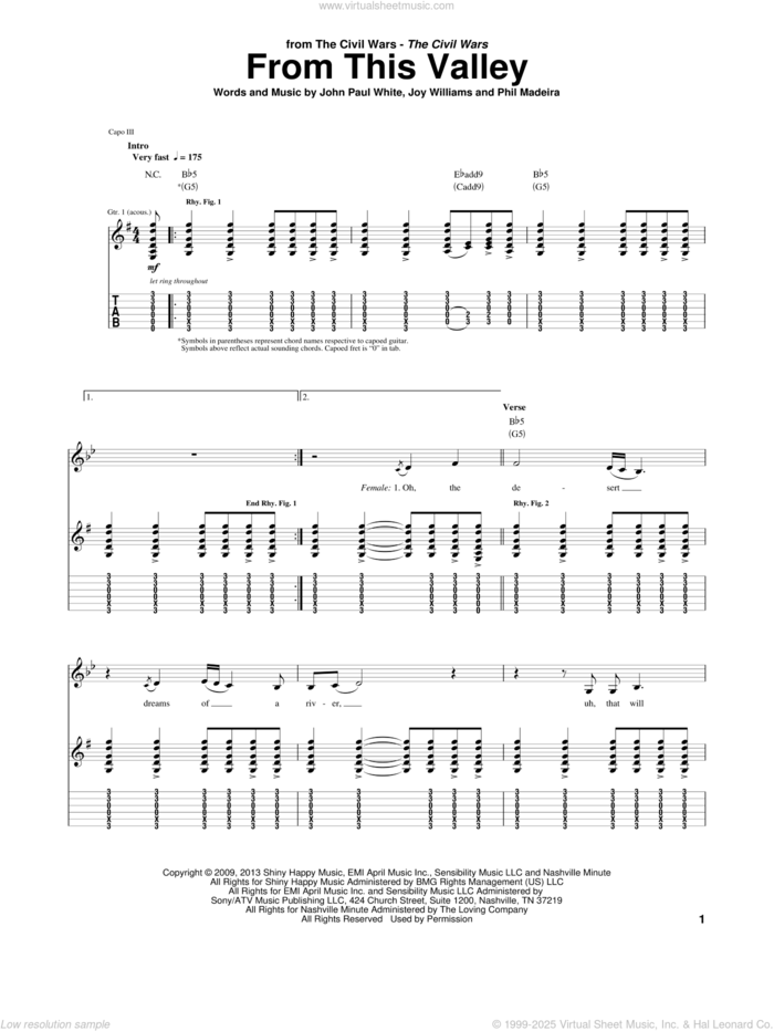 From This Valley sheet music for guitar (tablature) by The Civil Wars, John Paul White, Joy Williams and Phil Madeira, intermediate skill level