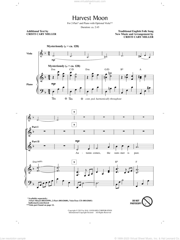 Harvest Moon sheet music for choir (2-Part) by Cristi Cary Miller, intermediate duet