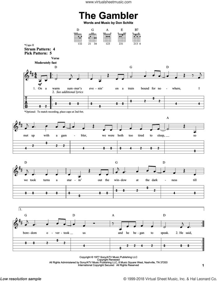 The Gambler sheet music for guitar solo (easy tablature) by Kenny Rogers and Don Schlitz, easy guitar (easy tablature)