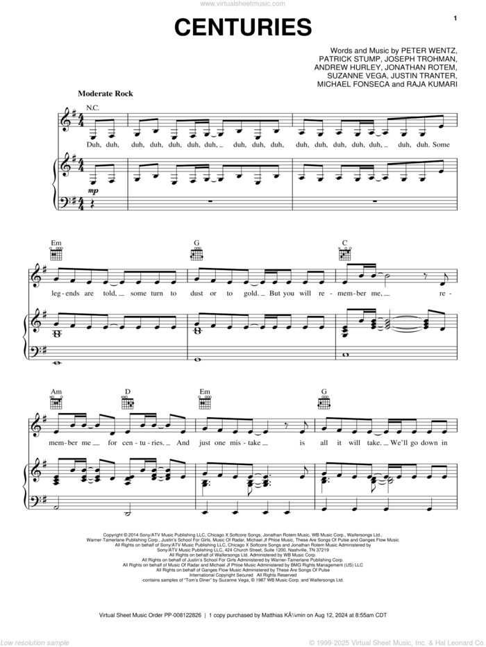 Centuries sheet music for voice, piano or guitar by Fall Out Boy, Andrew Hurley, Jonathan Rotem, Joseph Trohman, Justin Tranter, Michael Fonesca, Patrick Stump, Peter Wentz, Raja Kumari and Suzanne Vega, intermediate skill level