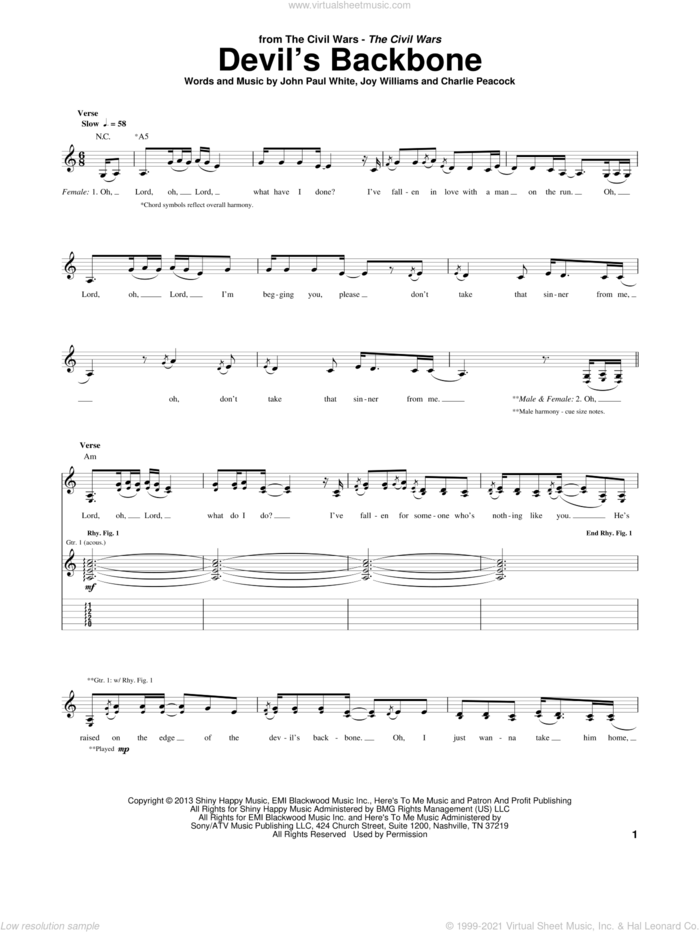 Devil's Backbone sheet music for guitar (tablature) by The Civil Wars, Charlie Peacock, John Paul White and Joy Williams, intermediate skill level