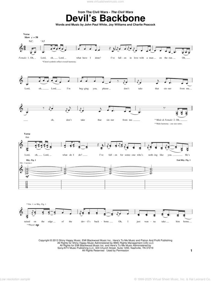 Devil's Backbone sheet music for guitar (tablature) by The Civil Wars, Charlie Peacock, John Paul White and Joy Williams, intermediate skill level