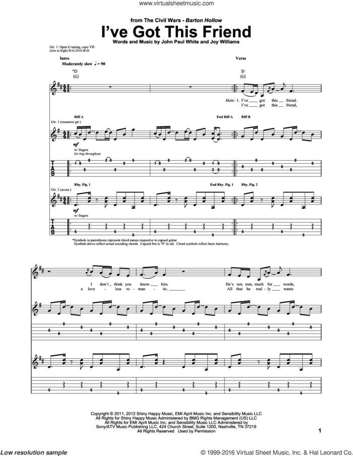 I've Got This Friend sheet music for guitar (tablature) by The Civil Wars, John Paul White and Joy Williams, intermediate skill level