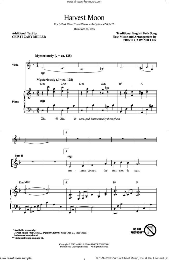 Harvest Moon sheet music for choir (3-Part Mixed) by Cristi Cary Miller, intermediate skill level