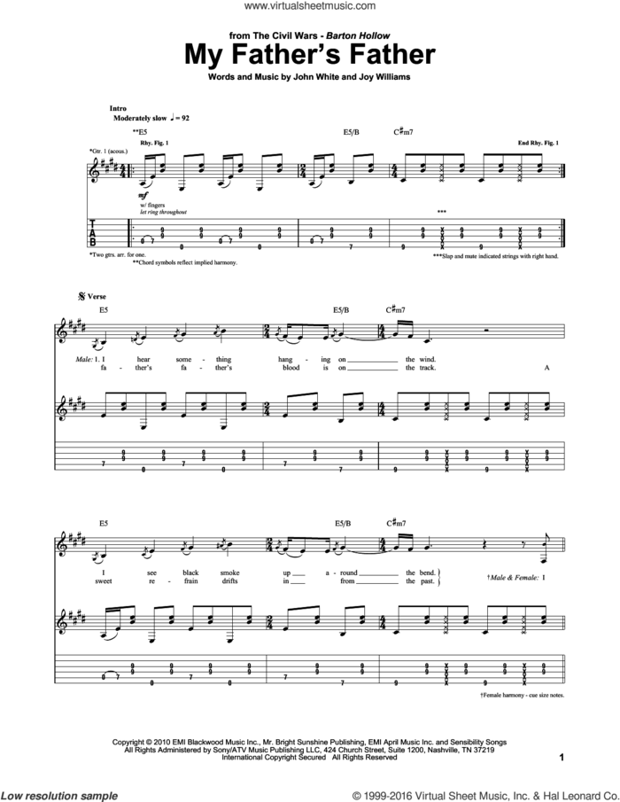 My Father's Father sheet music for guitar (tablature) by The Civil Wars, John White and Joy Williams, intermediate skill level