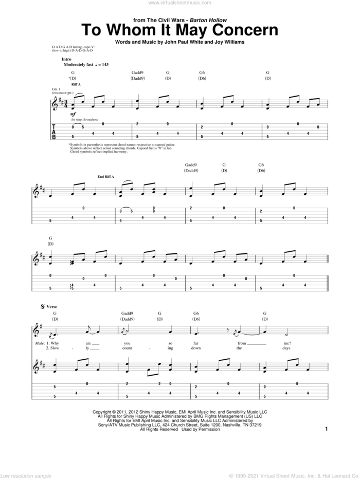 To Whom It May Concern sheet music for guitar (tablature) by The Civil Wars, John Paul White and Joy Williams, intermediate skill level