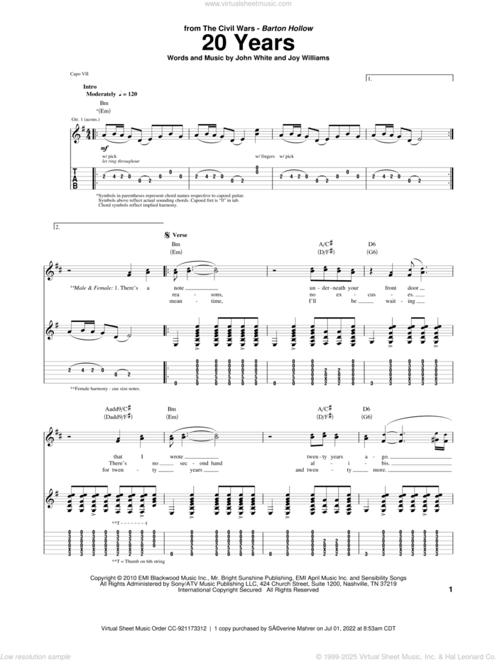 20 Years sheet music for guitar (tablature) by The Civil Wars, John White and Joy Williams, intermediate skill level