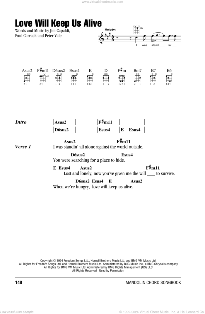 Love Will Keep Us Alive sheet music for mandolin (chords only) by Paul Carrack, The Eagles, Jim Capaldi and Peter Vale, intermediate skill level