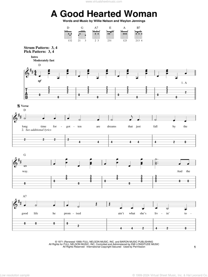 A Good Hearted Woman sheet music for guitar solo (easy tablature) by Willie Nelson and Waylon Jennings, easy guitar (easy tablature)