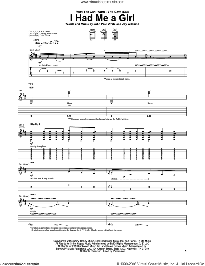 I Had Me A Girl sheet music for guitar (tablature) by The Civil Wars, John Paul White and Joy Williams, intermediate skill level