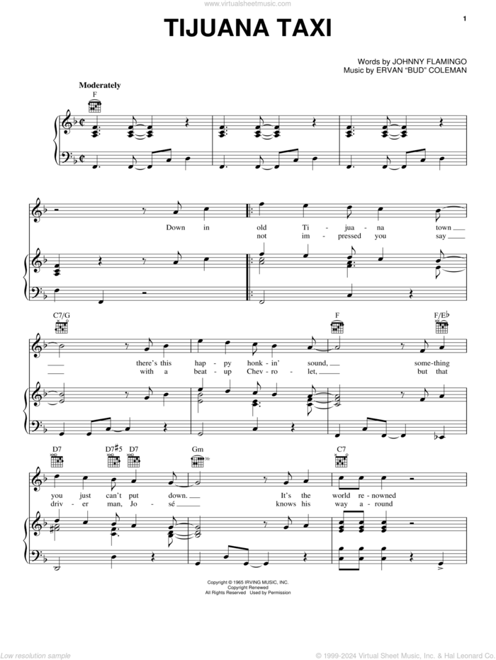 Tijuana Taxi sheet music for voice, piano or guitar by Herb Alpert & The Tijuana Brass, Ervan 'Bud' Coleman and Johnny Flamingo, intermediate skill level