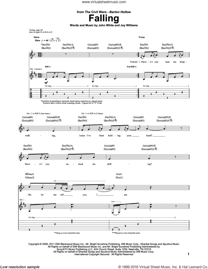 Falling sheet music for guitar (tablature) by The Civil Wars, John White and Joy Williams, intermediate skill level
