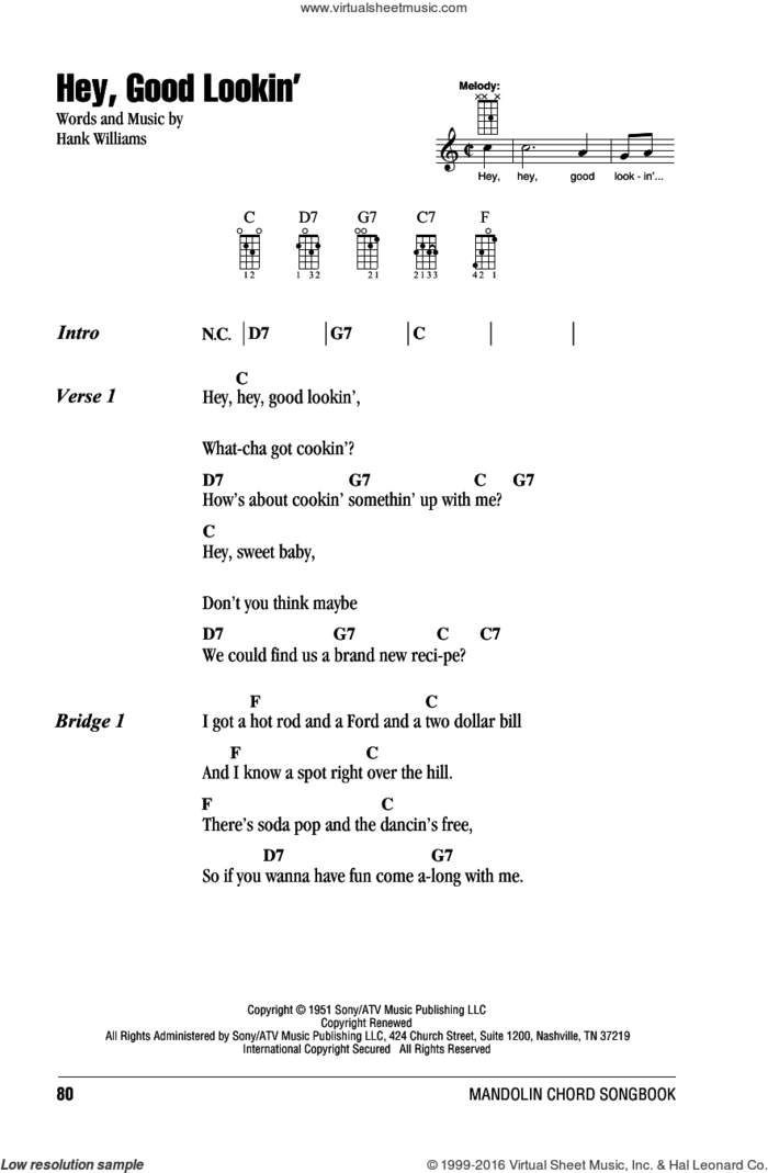 Hey, Good Lookin' sheet music for mandolin (chords only) by Hank Williams, intermediate skill level