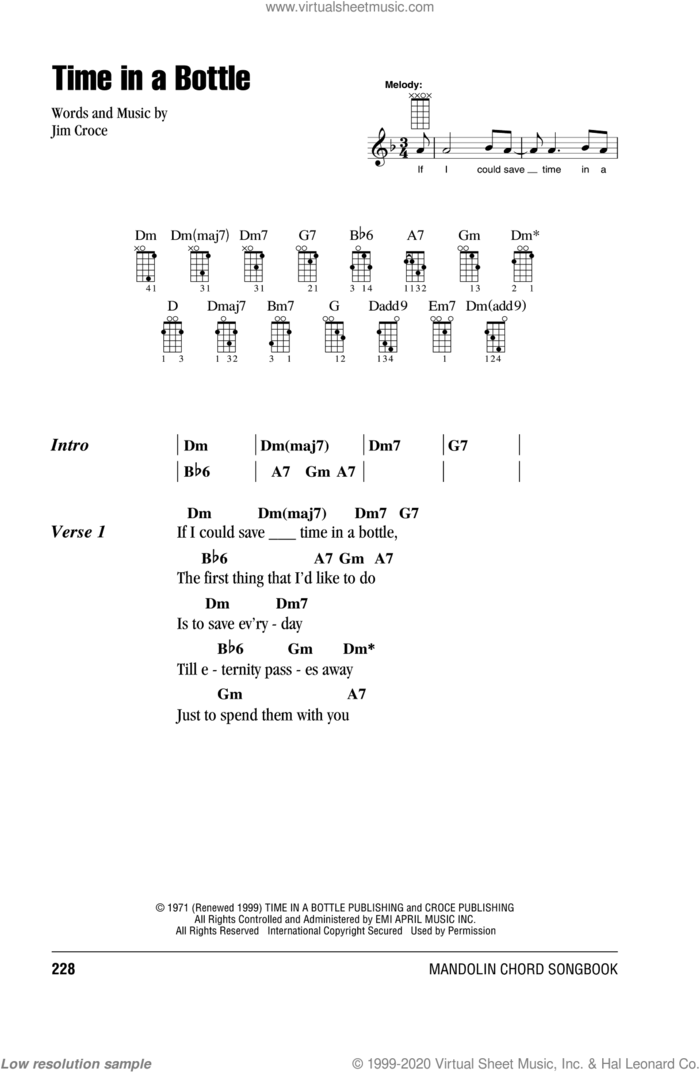 Time In A Bottle sheet music for mandolin (chords only) by Jim Croce, intermediate skill level