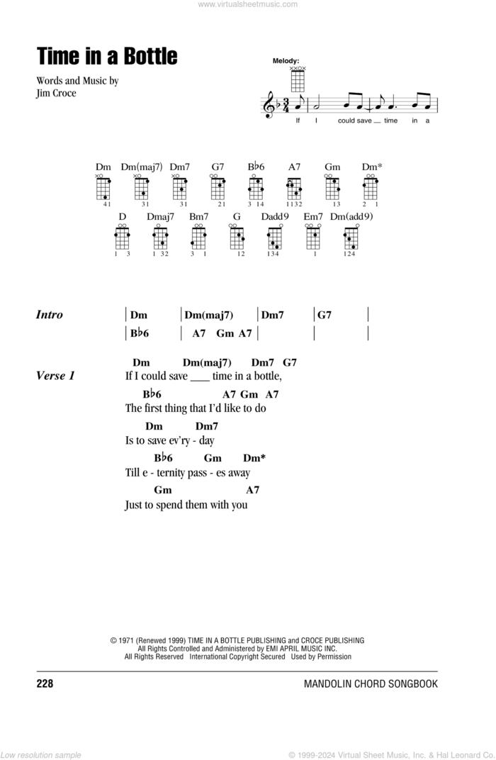 Time In A Bottle sheet music for mandolin (chords only) by Jim Croce, intermediate skill level