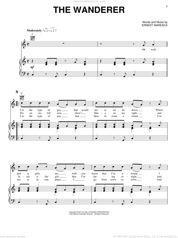 The Wanderer sheet music for voice, piano or guitar by Dion and Ernie Maresca, intermediate skill level