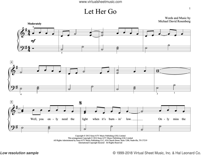Let Her Go sheet music for piano solo (elementary) by Passenger and Michael David Rosenberg, beginner piano (elementary)