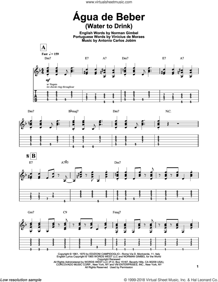 Agua De Beber (Water To Drink) sheet music for guitar (tablature, play-along) by Norman Gimbel, Antonio Carlos Jobim and Vinicius de Moraes, intermediate skill level