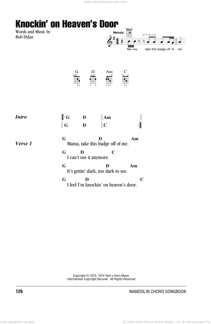 Knockin' On Heaven's Door sheet music for mandolin (chords only) by Eric Clapton and Bob Dylan, intermediate skill level