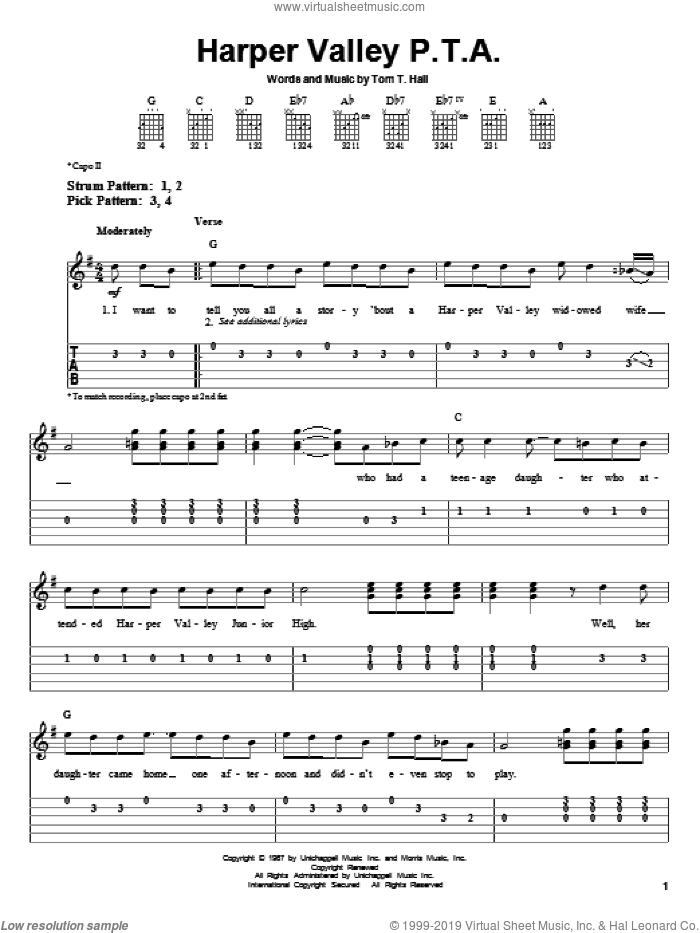 Harper Valley P.T.A. sheet music for guitar solo (easy tablature) by Jeannie C. Riley, Dolly Parton and Tom T. Hall, easy guitar (easy tablature)