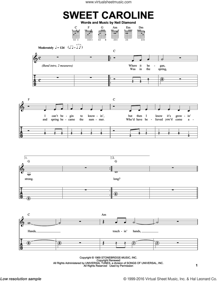 Sweet Caroline sheet music for guitar solo (easy tablature) by Neil Diamond and Dave Clo, easy guitar (easy tablature)
