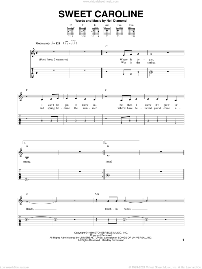 Sweet Caroline sheet music for guitar solo (easy tablature) by Neil Diamond and Dave Clo, easy guitar (easy tablature)