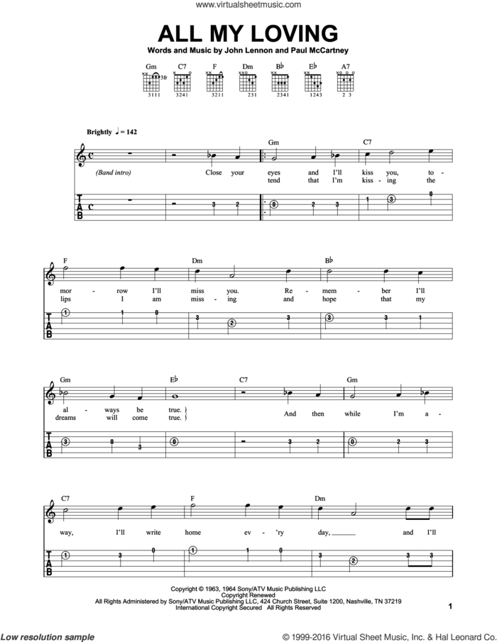 All My Loving sheet music for guitar solo (easy tablature) by Paul McCartney, Dave Clo, The Beatles and John Lennon, easy guitar (easy tablature)