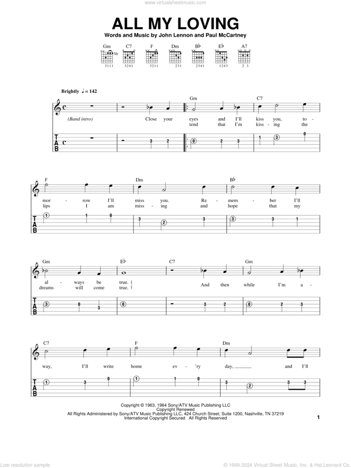 All My Loving sheet music for guitar solo (easy tablature) by Paul McCartney, Dave Clo, The Beatles and John Lennon, easy guitar (easy tablature)