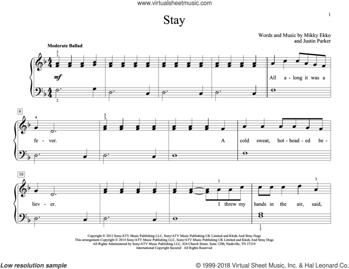 Stay sheet music for piano solo (elementary) by Rihanna, Justin Parker and Mikky Ekko, beginner piano (elementary)
