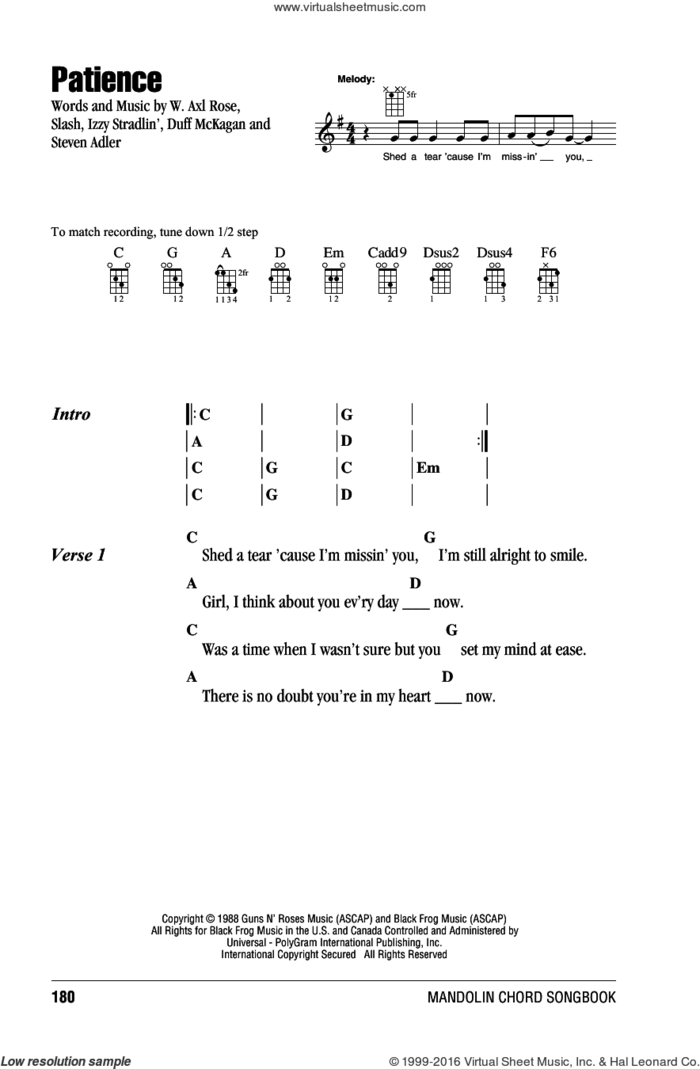 Patience sheet music for mandolin (chords only) by Guns N' Roses, Axl Rose, Duff McKagan, Slash and Steven Adler, intermediate skill level