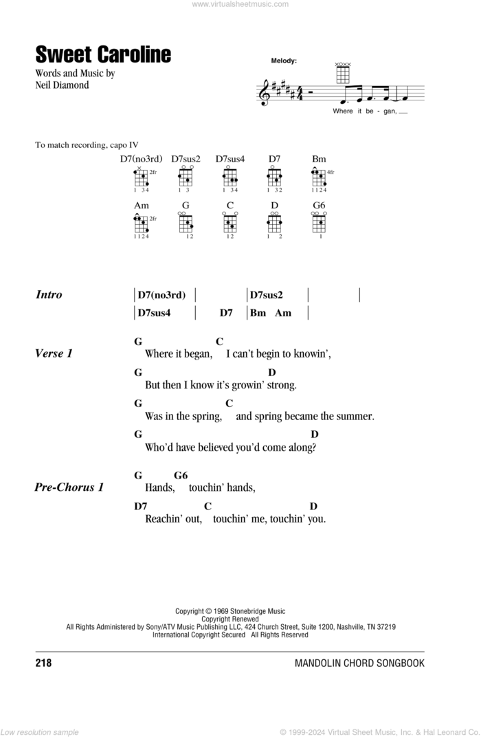 Sweet Caroline sheet music for mandolin (chords only) by Neil Diamond, intermediate skill level