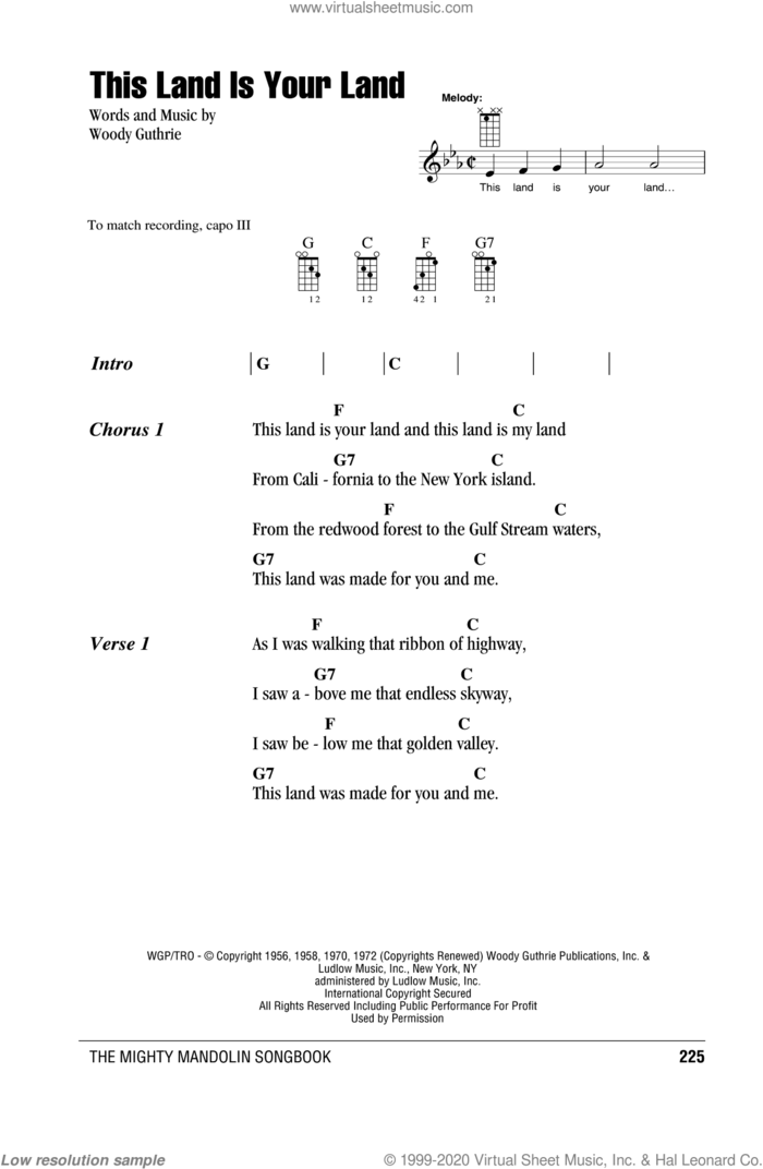 This Land Is Your Land sheet music for mandolin (chords only) by Woody Guthrie, Peter, Paul & Mary and Woody & Arlo Guthrie, intermediate skill level