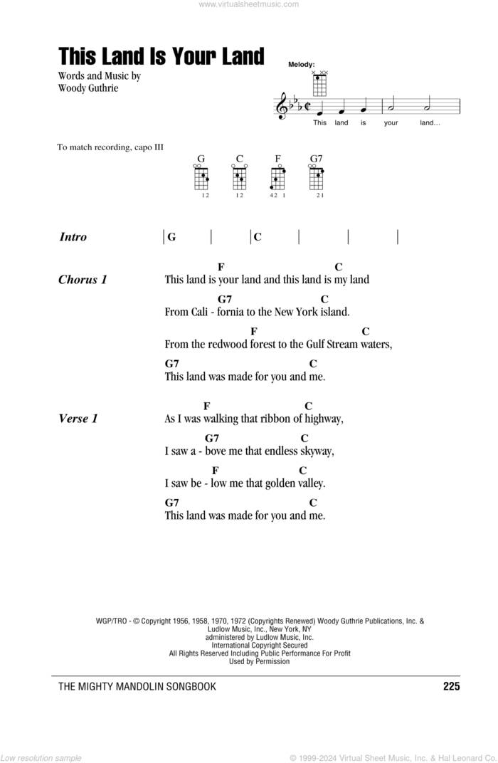 This Land Is Your Land sheet music for mandolin (chords only) by Woody Guthrie, Peter, Paul & Mary and Woody & Arlo Guthrie, intermediate skill level