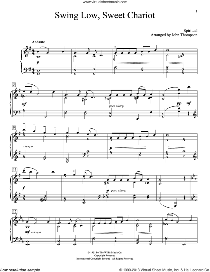 Swing Low, Sweet Chariot sheet music for piano solo (elementary) by John Thompson and Negro Spiritual, beginner piano (elementary)