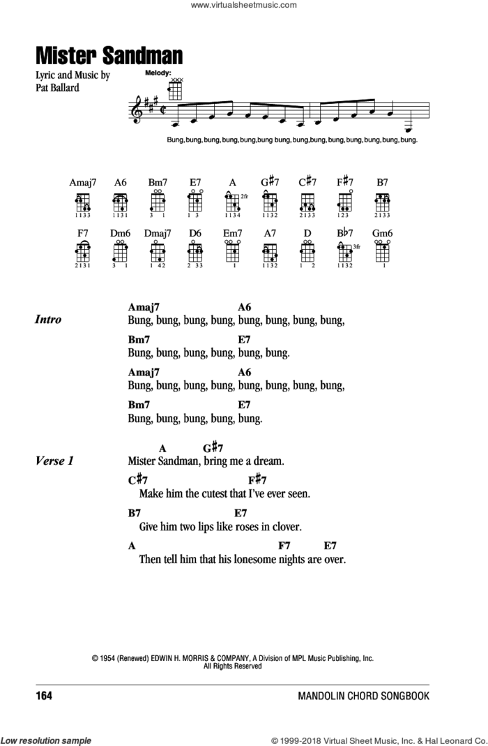 Mister Sandman sheet music for mandolin (chords only) by The Chordettes and Pat Ballard, intermediate skill level