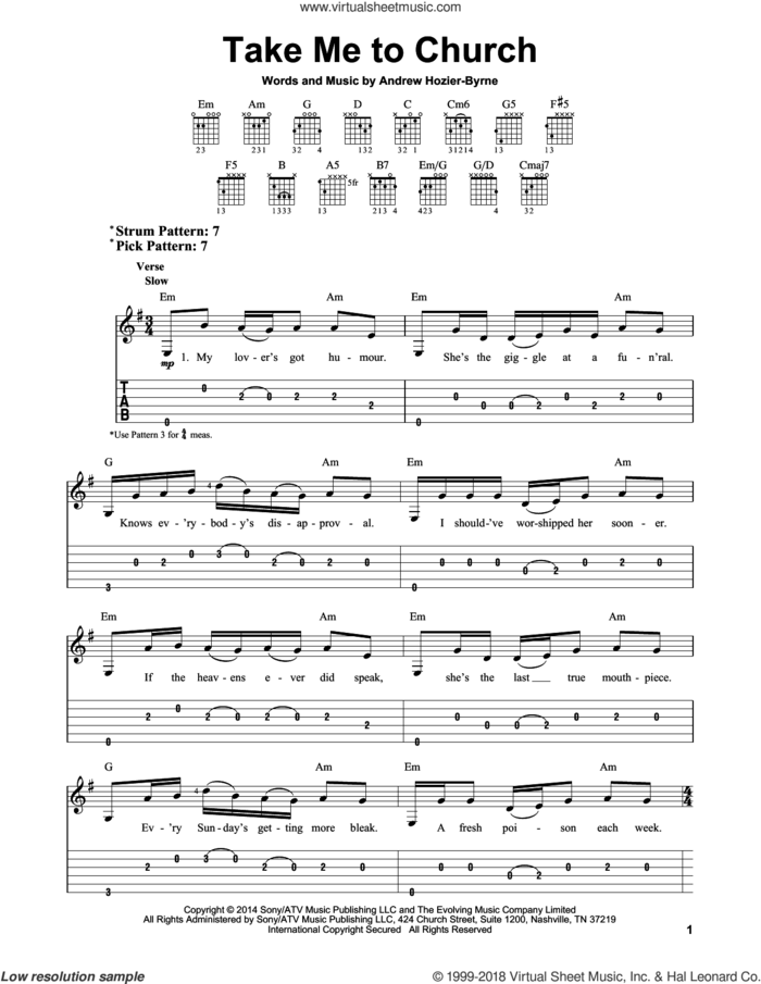 Take Me To Church sheet music for guitar solo (easy tablature) by Hozier and Andrew Hozier-Byrne, easy guitar (easy tablature)